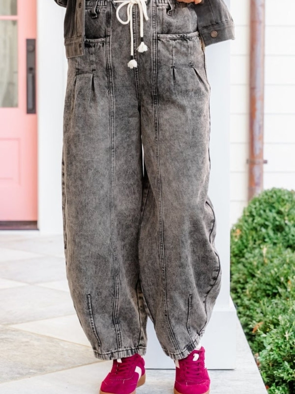 Mineral Washed Gray Drawstring Barrel Pants